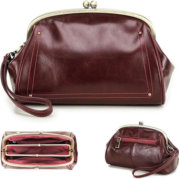 Kiss Lock Clutch Bag Womens Genuine Leather Evening Bag Kiss Clasp Wrist Wallet